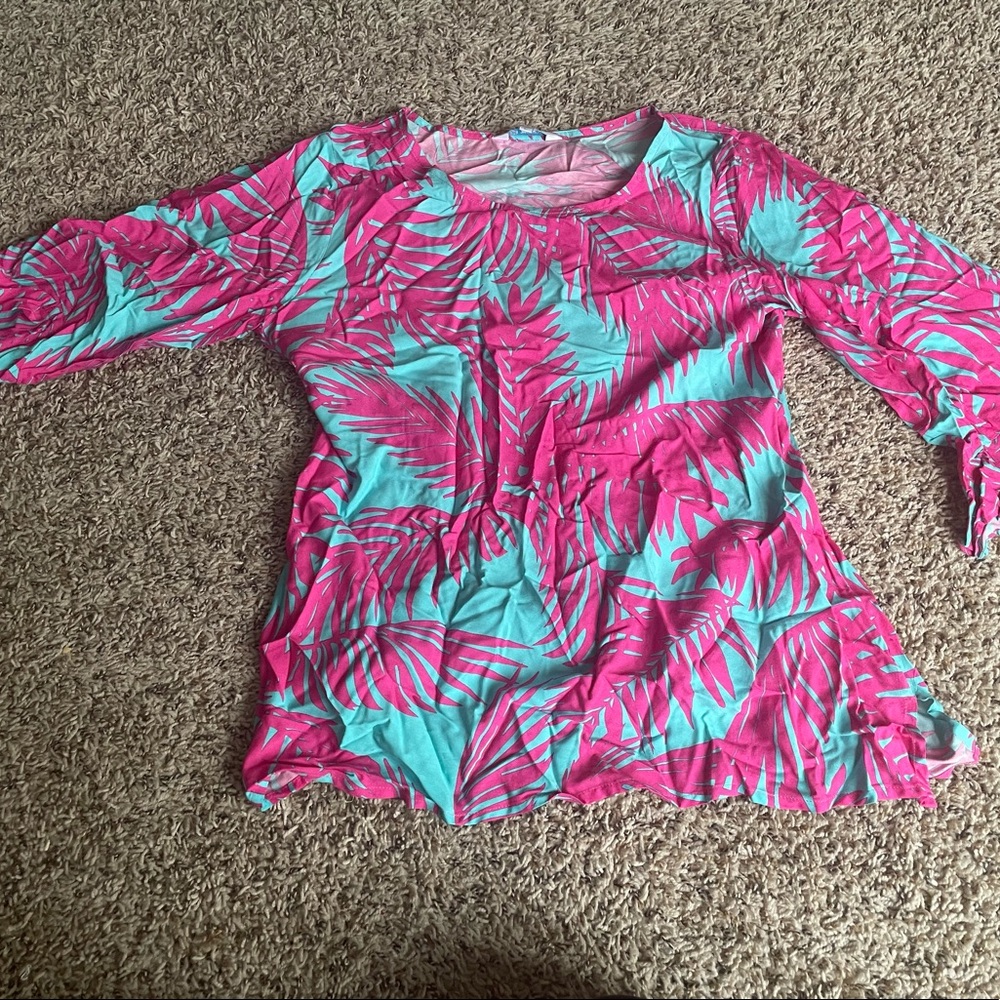 COPY - Escapada, size Large, flowered blue and pink shirt with flared sleeves.